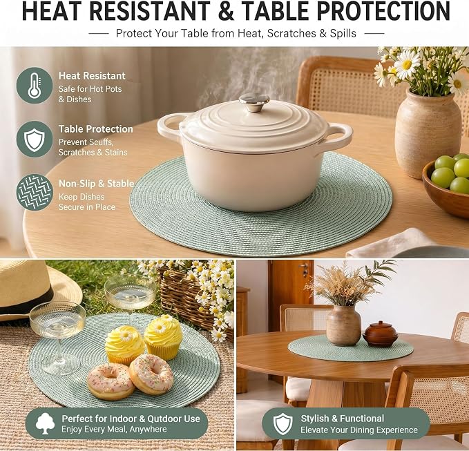 FunWheat Round Braided Placemats Set of 4 Table Mats for Dining Tables Woven Washable Non-Slip Place mats 15inch (Fog Green, 4pcs)