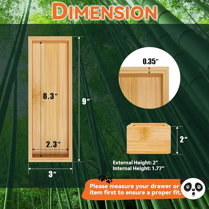 Lixple Bamboo Drawer Organizer – Set of 2 Stackable Storage Boxes, Silverware Tray & Small Gadget Holder for Kitchen Drawers, 9" x 3" x 2" (Outer), 8.3" x 2.3" x 1.77" (Inner)