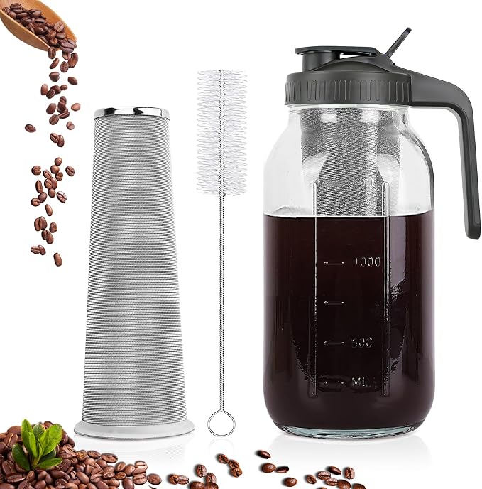 Cold Brew Coffee Maker, 64 oz Mason Jar Pitcher with Stainless Steel Filter, Pour Spout Handle Lid, Airtight & Leak-Proof for Iced Coffee,Tea & Lemonade