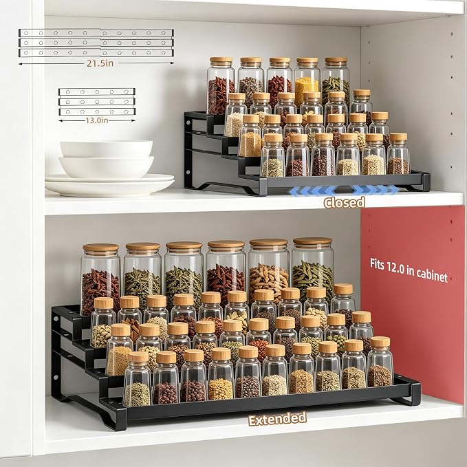 Expandable Spice Rack Organizer for Cabinet 4 Tier Spicy Shelf Black 1Pack | Adjustable Length 13"-21", Easy to See Labels, Sturdy Metal, Slip-Resistant Guardrails for Jars, Cabinet & Countertop Storage