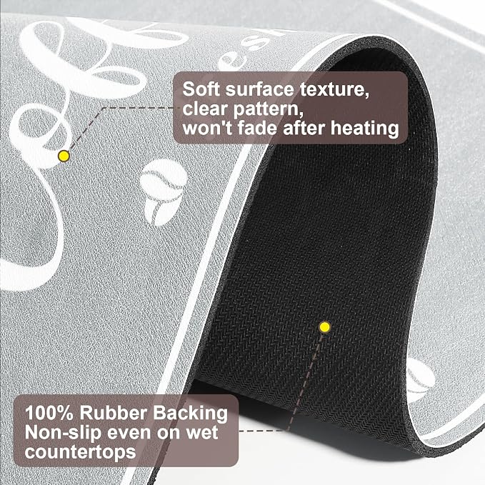 CooRug Fashion Coffee Mat, Dish Drying Mat 17" x 32" Light Grey | Hide Stain, Absorbent, Coffee Bar Accessories, Heat Resistant, Non-slip, Eco-friendly, Easy to Clean