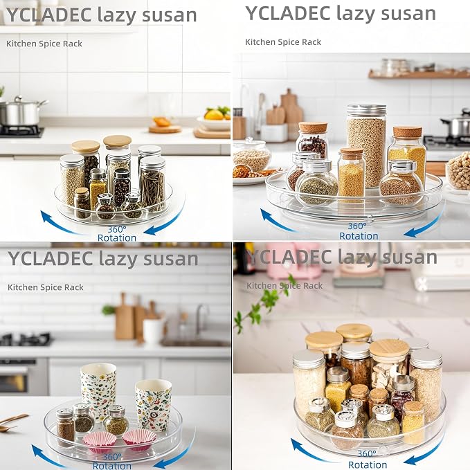 2 Pack Lazy Susan 9.25" Turntable Rotating Spin Organizer Storage | Pantry Organizers and Storage Container Bins Spice Rack Cabinet Condiment for Countertop Kitchen Fridge Bathroom Holder Clear