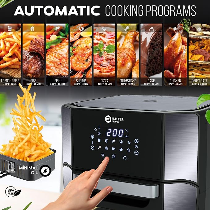 Balter Air Fryer Oven 6-in-1, 13 QT XXL Airfryer, stainless steel, Touchscreen, Rotisserie, Food Dehydrator, Convection Oven, Bake, Broil, Reheat, Windowed Door, Recipe Book