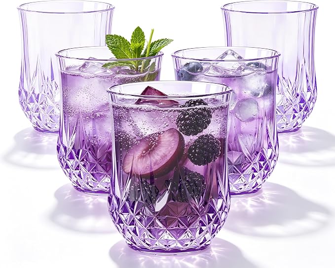 24 Pack 12 Oz Plastic Stemless Wine Glasses, Purple | Unbreakable, Reusable, Elegant Vintage Design, Fancy Cocktail Cups, Whiskey, Champagne, Wedding, Party, Bars, Holiday Events
