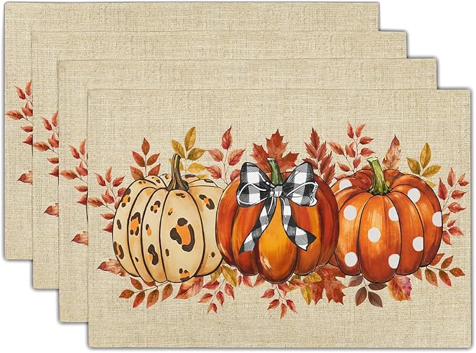 Fall Pumpkins Placemats Set of 4 18x12 Inch Autumn Thankful Linen Place Mats Heat-Resistant Washable Wipeable Thanksgiving Season Holiday Table Mat for Party Kitchen Dining Room Dinner Table Decor