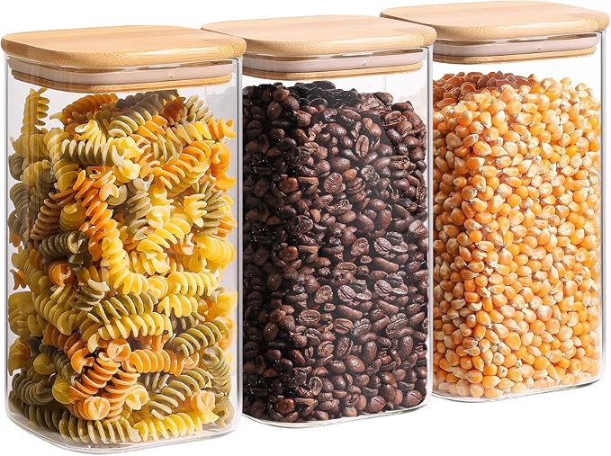 ComSaf Square Glass Containers With Lids 1.2 Qt, Set of 4 Pantry Galss Jars | Kitchen Glass Pantry Storage Containers, Storage Canisters, Silicone Seal, Dry Food, Cookie, Flour, Spice, Coffee, BPA Free