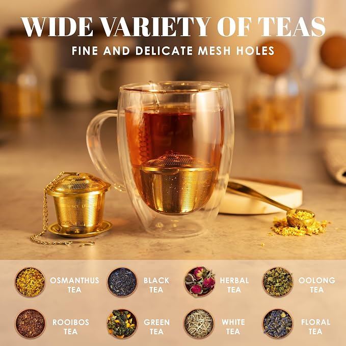 Tea Infuser Set of 2 with Tea Scoop & Drip Trays - 304 Stainless Steel Ultra Fine Mesh Loose Leaf Tea Strainer, Reusable Tea Steeper Basket for Rooibos, Green, Black, Herbal & Oolong Tea, etc
