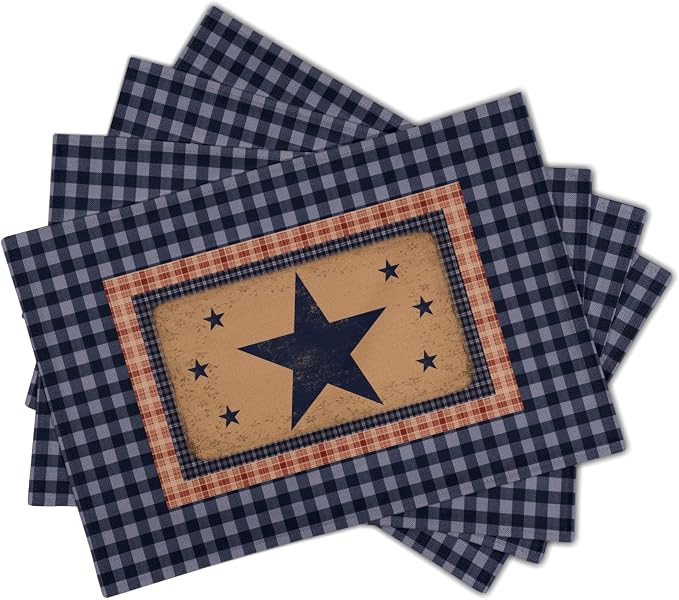 Western Placemat Set of 4 Primitive Stars Linen Washable Place Mat 18 x 12 Inch Navy Blue Red Classic Buffalo Plaid Decorative Farmhouse Country Desktop Decor Table Mat for Party Dining Kitchen Indoor
