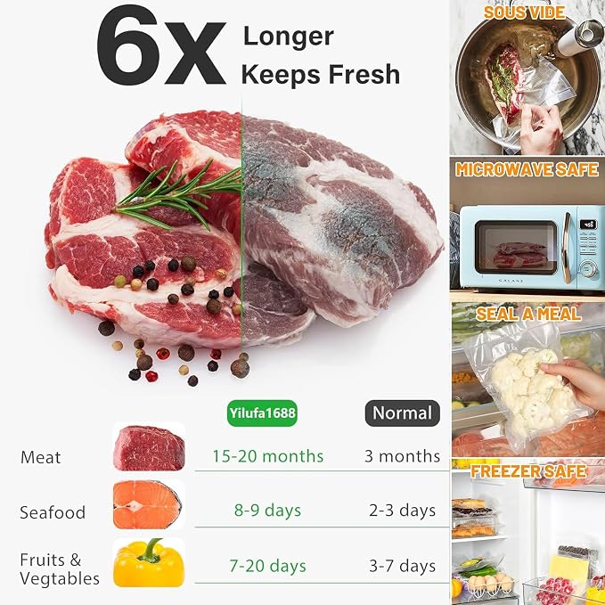 Vacuum Sealer Bags for Food - 50 Count 8"x12" Precut | BPA-Free Commercial Grade | 6X Freshness | Universal Clamp Machine Fit | Ideal for Freezer & Sous Vide