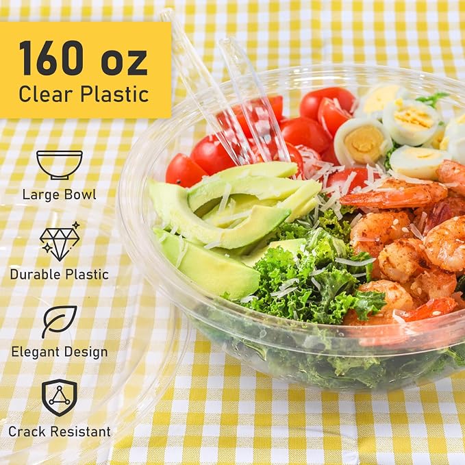 EcoDispose 160 oz Clear Disposable Round Plastic Salad Bowl Sets, 16 Pcs | 4 Sets with Lids, Spoons & Forks, Heavy-Duty Salad Serving Bowl for Catering & Parties