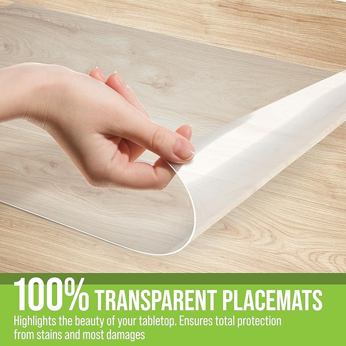 CraftyCrocodile Clear Plastic Placemats Set of 8 - Vinyl Table Protector for Dining, Kitchen, Office, Painting Table, Shelves - Heat Resistant, Crystal Clear, Wipeable Place Mats - 17.5x12