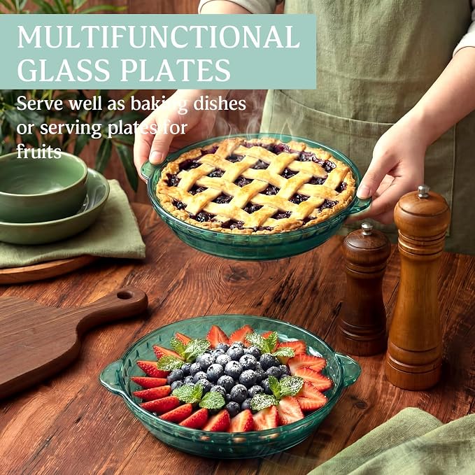 2 Pack Green Glass Pie Dish, 8 Inch Round Deep Plate, Tempered Glass Baking Dish, Non Toxic, Oven and Dishwasher Safe, Ideal for Baking Pies, Quiche and Desserts