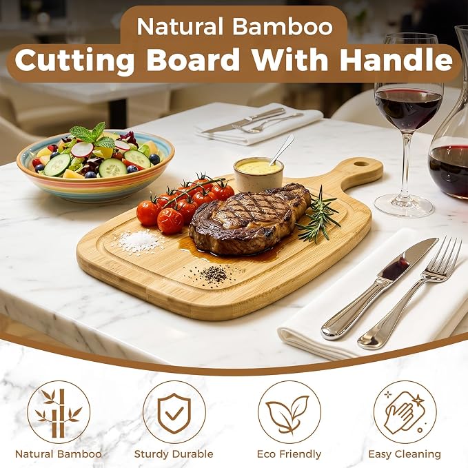 Bamboo Decorative Cutting Board with Handle Set of 2, for Meat | Wood Cutting Board with Handle, for Cheese, Bread, Vegetables, Serving Tray for Kitchen - with Juice Groove - 15.5" × 7.6"