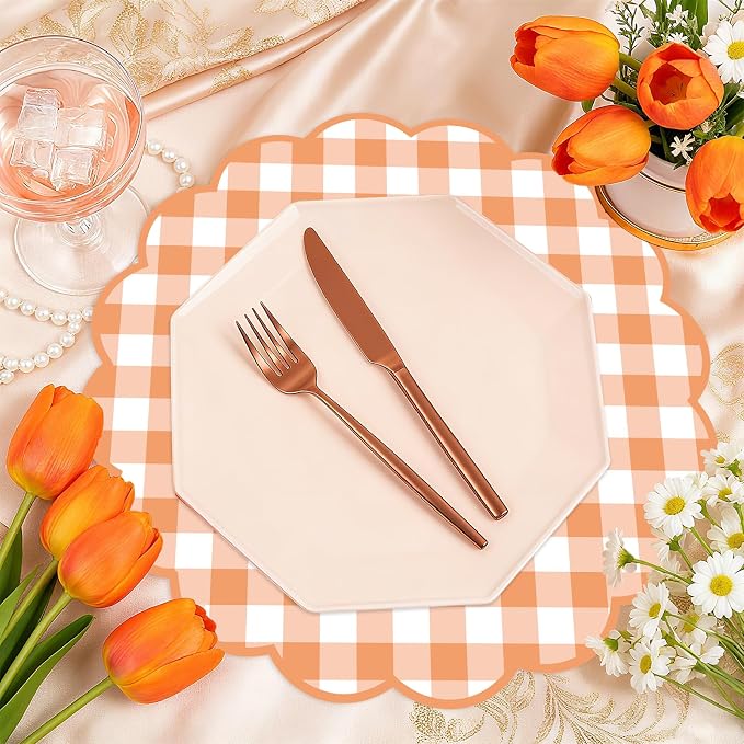 50 Pcs Fall Paper Placemats, 13.5 Inch Orange Gingham Paper Placemats Fall Scalloped Placemat for Autumn Thanksgiving Home Wedding Birthday