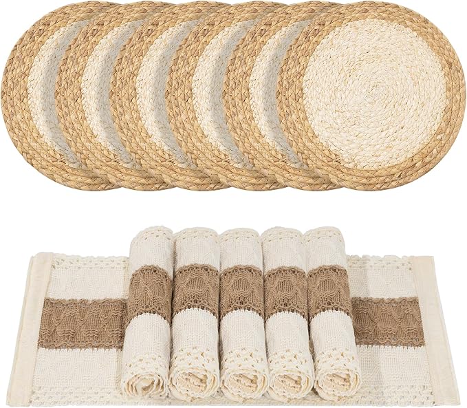 Handmade Boho Placemats Set of 6 | Natural Woven & Fabric Cotton Combo Table Mats | 12-Piece Versatile Place Mats | Rustic Farmhouse Style Dining Table Decor