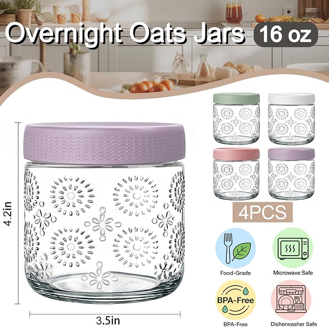 4 pack 16 oz Overnight Oats Containers with Lids, Glass Food Storage Container, Airtight Salad Jars, Mason Jars for Overnight Oats, Yogurt, Oatmeal, Salad, Coffee, Spices