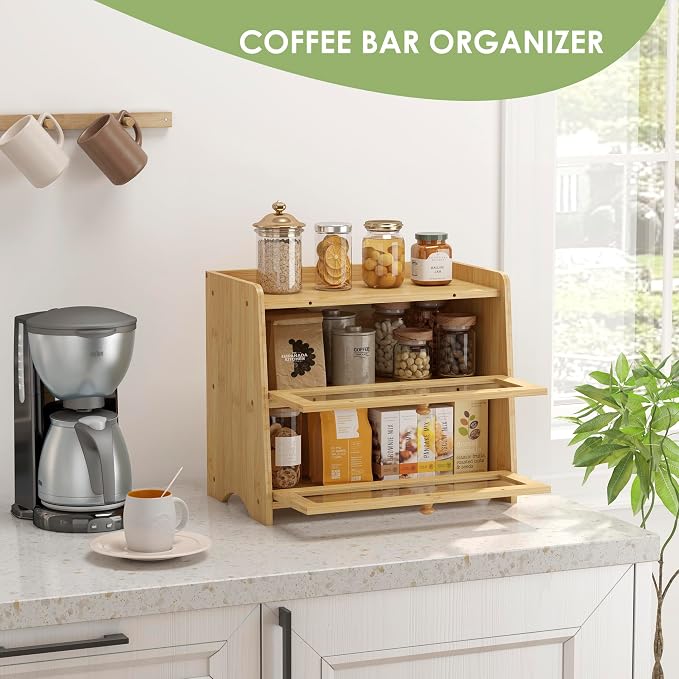 Double Layer Bread Box Container for Kitchen Countertop Homemade Bread | Large Breadbox Storage Wooden Farmhouse Bread Holder (Bamboo, Medim-15.7" L x 9.5" W x 13" H)