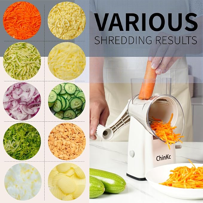 Upgrade Rotary Cheese Grater Shredder with Handle, Strong Suction Base, Multi-purpose Rotary Grater Slicer with 5 Interchangeable Blades for Ice, Vegetables, Fruit, Nuts with Blade Storage Box