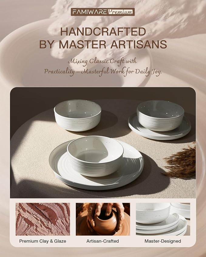 Stoneware Dinnerware Sets for 4, Plates and Bowls, White | 12-Piece Ceramic Speckled Spiral Dishes, Chip & Scratch Resistant, Microwave & Dishwasher Safe, Everyday Use, Farmhouse Style