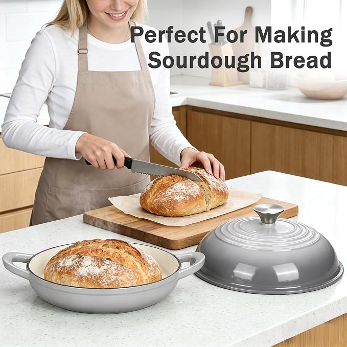 6QT Enameled Cast Iron Round Bread Oven, Sourdough Dutch Oven, Gray | Bread Oven for Homemade Sourdough Bread Baking, Bread Pot with Dome Lid, Gifts for Sourdough Bakers, Oven Safe up to 500°F