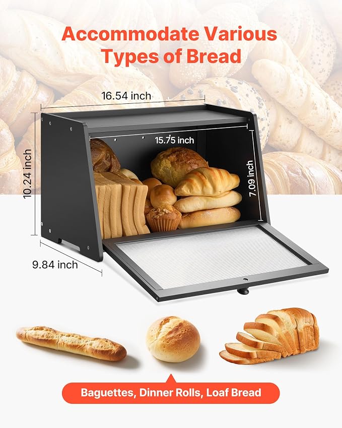 VEVOR Bread Box for Kitchen Counter, Large Capacity Bamboo Bread Storage Container, Farmhouse Wooden Breadbox Organizer for Homemade Bread, Storage Holder Bin with Acrylic Wavy Door Panel, Black
