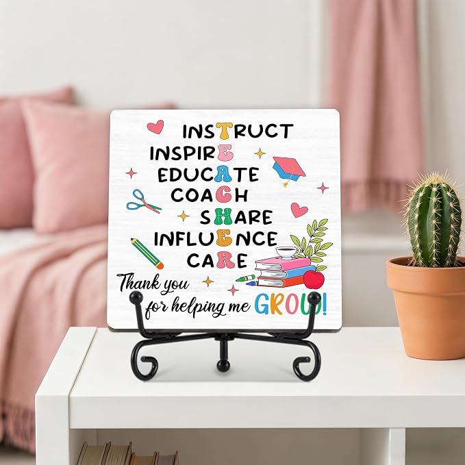 Teacher Appreciation Gifts for Women Men | 5" Wooden Plaque Sign with Stand for Mentor Teacher Gifts | Teachers Day Gift from Student Desk for Home Office Decor - A08