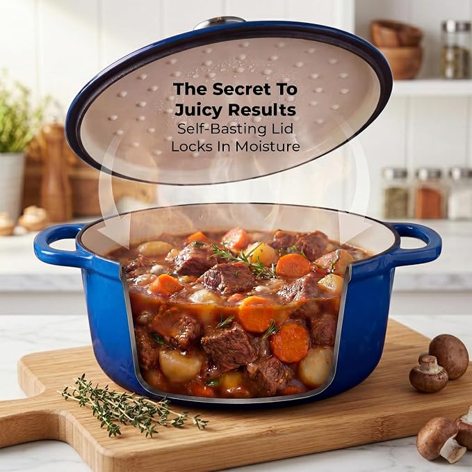 Zulay Kitchen 6.4QT Enameled Cast Iron Dutch Oven Pot with Lid, Heavy-Duty Soup Pot for Stews, Braising, Roasting & Sourdough Bread Baking, Oven Safe up to 500°F - Blue