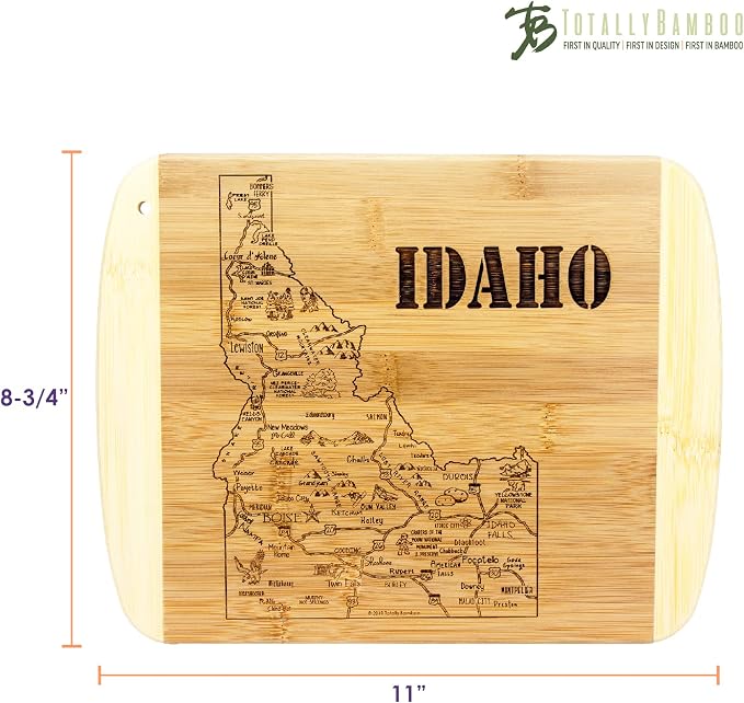 Totally Bamboo A Slice of Life Idaho Engraved Map Cutting Board | 11” x 8.75” charcuterie board with engraved state map artwork. Smooth reverse side for food prep. Hang tie for wall display.