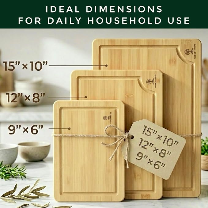 Bamboo Cutting Board for Kitchen, 3-Piece Natural Bamboo Chopping Board with Juice Groove, Built-in Side Handles, Bamboo Butcher Block for Meat, Vegetables, Bread & Fruits