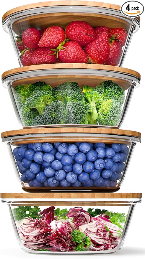 Verel Glass Food Storage Containers with Bamboo Lids (4 Pack, 36 Ounce) Eco Friendly Meal Prep Containers Airtight – Plastic Free, BPA Free (32 oz Round (4 Pack))
