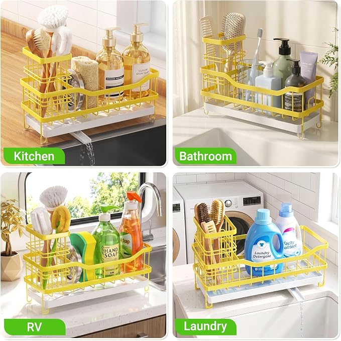 Sink Caddy, Sponge Holder for Kitchen Sink, Yellow | Self-draining Sink Organizer with Removable Brush Holder, Metal Sponge Rack for Countertop, Fits Soap Dispenser & Scrubber
