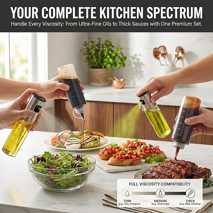 Supervalue Pack of 4 Pieces Kitchen Condiment Dispensers, 2 Glass Oil Spray Bottle(3 Oz) and 2 Squeeze Bottle (12 Oz) Set, with Measurements