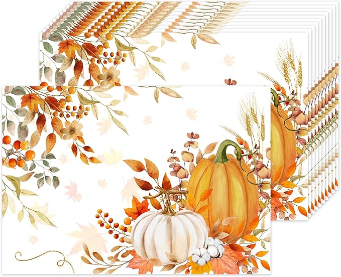 50 Pack Disposable Paper Placemats, Thanksgiving Fall Pumpkin Table Mats | Autumn Pumpkin Maple Leaves Pattern, Holiday Party Kitchen Dining Table Decoration,Thanksgiving Day