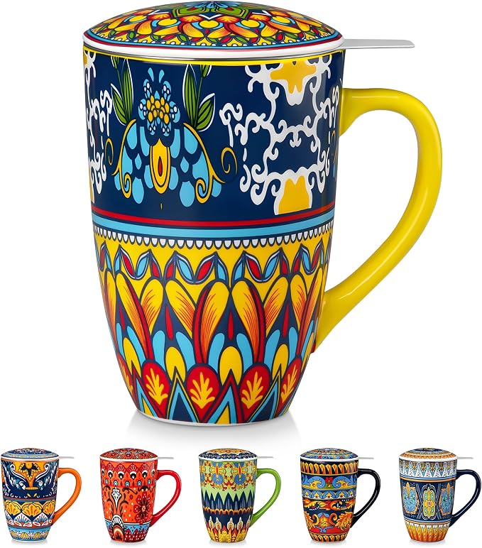 vancasso 18 Oz Tea Infuser Mug with Lid, Golden Lotus Mirage | Eye-Catching Bohemian Pattern, Adds Charm to Any Tea Corner, Ceramic Mug with Infuser, Microwave and Dishwasher Safe