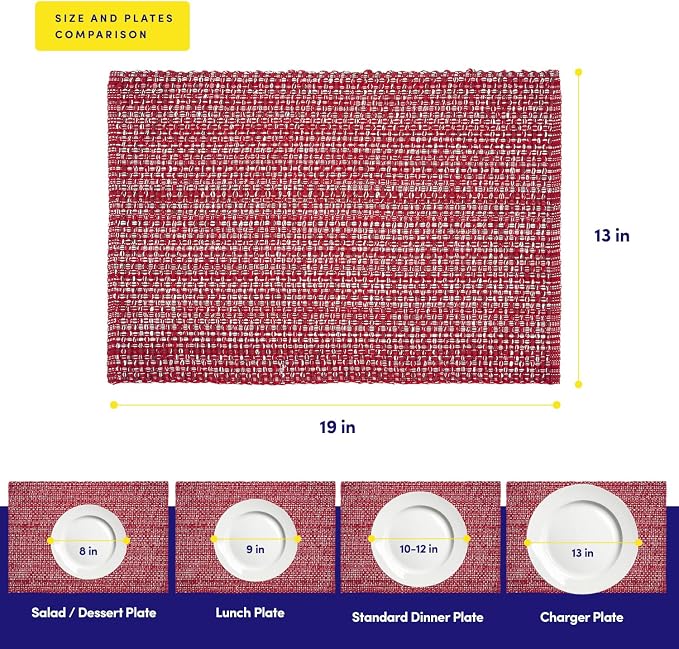 Placemats Set of 4-100% Cotton Two-Tone Rectangle Placemat for Dining Table - Over 15 Colors Available - Washable Table Decor for Kitchen, Farmhouse, Rustic, Durable for Everyday Use, Red