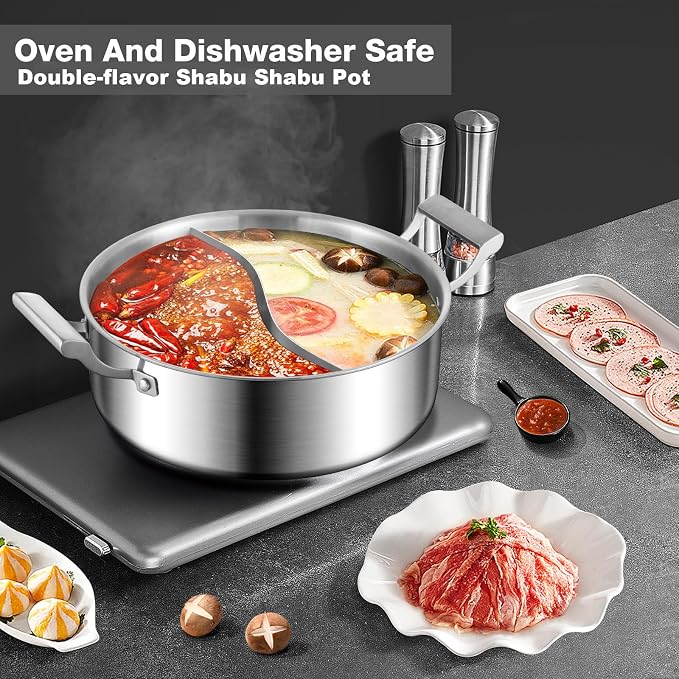 DELARLO 6.8QT Tri-Ply Stainless Steel Double-flavor Shabu Shabu Pot 12 inch | Everyday Pan with Lid, Kitchen Induction,Cooking Hot Pot, Oven Safe Stock Pot, Up to 600℉