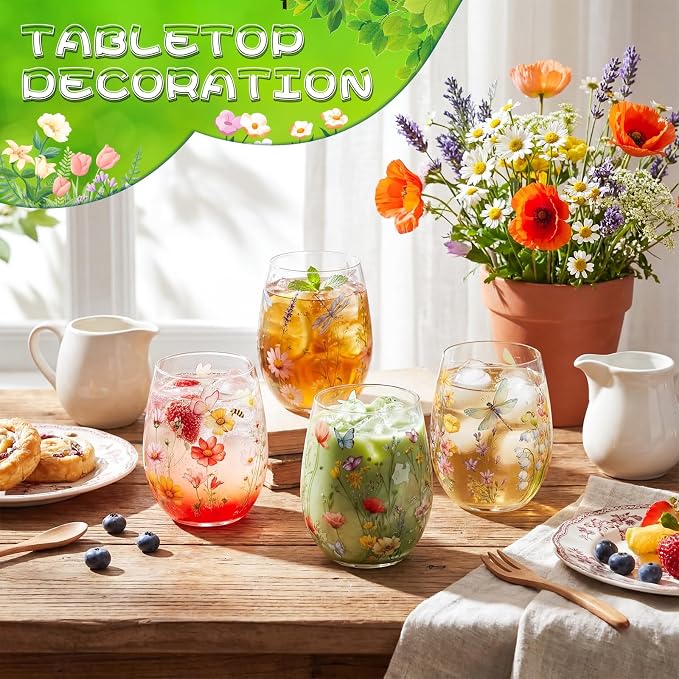 Nuogo 4 Set Summer Wildflower Stemless Wine Glasses 17oz Butterfly Dragonfly Wine Tumblers Cute Summer Glass Cups Gift for Women Mom Bridesmaid Birthday Wedding