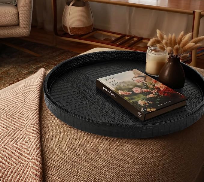 HofferRuffer Round Serving Tray 20'', Elegant Faux Leather Circle Ottoman Table Tray, Serve Tea Coffee Breakfast in Bedroom Living Room Kitchen (Classic Black)