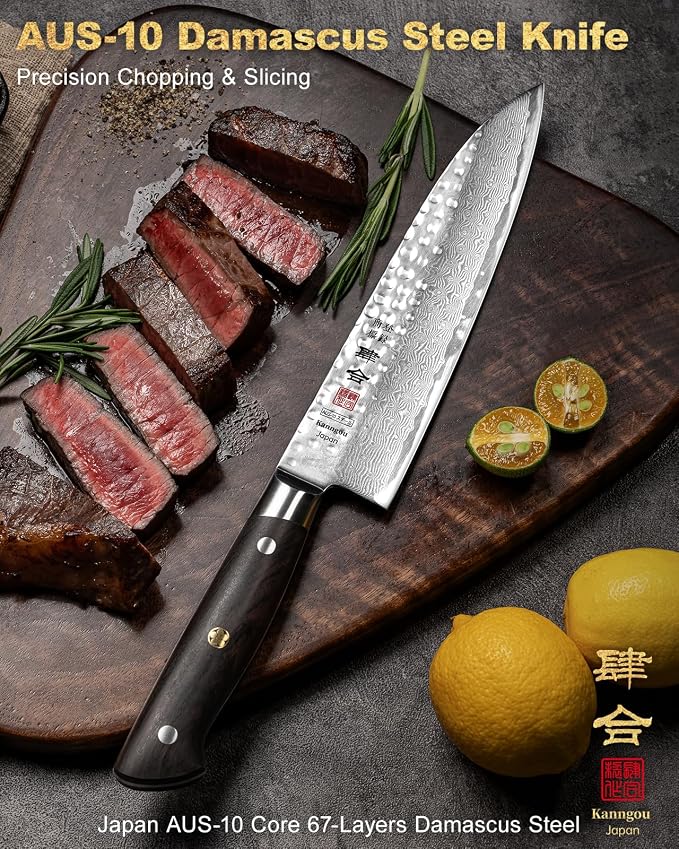 Japanese Chef Knife Kitchen Knife with 67 Layers Damascus Steel AUS-10 Core, Professional Damascus Knife with Full-Tang Ebony Wood Handle and Premium Gift Box (8.27 Inch Gyuto Chef Knife)