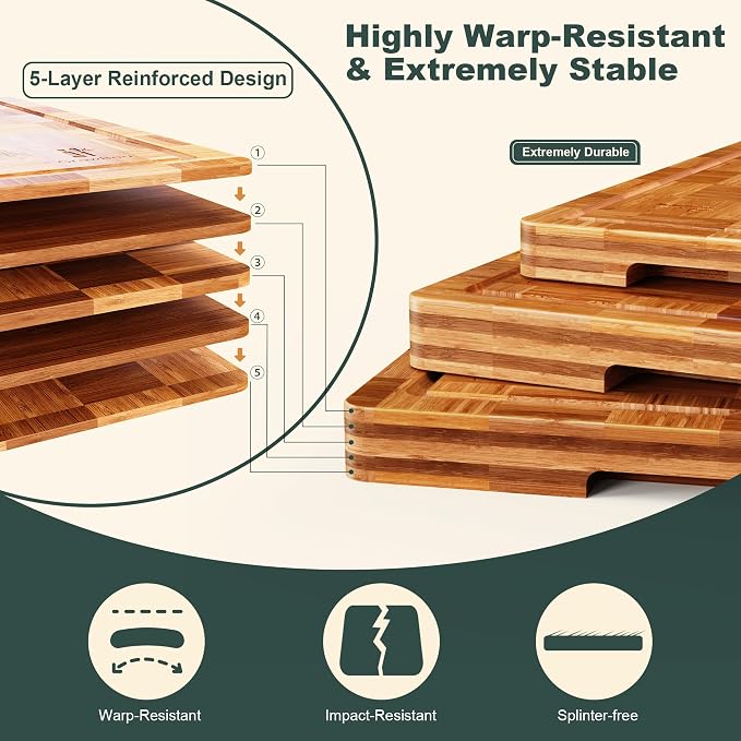 Extra Large Bamboo Cutting Boards, 3-Pack Heavy Duty Bamboo Cutting Boards Set with Juice Grooves & Non-Slip Feet – Extra Large Thick Wood Chopping Board for Meat, Fruits & More, Non-Toxic & Durable