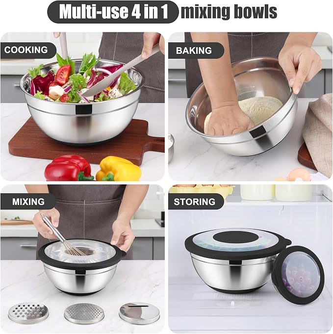 E-far Stainless Steel Mixing Bowls with Lids & Colander, 15PCS | Nesting Mixing Bowl with Non-Slip Bottom & 3 Metal Grater, For Kitchen Prep Baking Storage, 4.6, 3, 1.5, 1, 0.7QT, Black