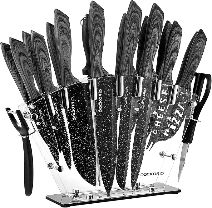 Kitchen Knife Set 19 Piece with Block High Carbon Stainless | 19 piece black knife set with block, high carbon stainless steel, steak knives, chef knife, bread knife, scissors & sharpener