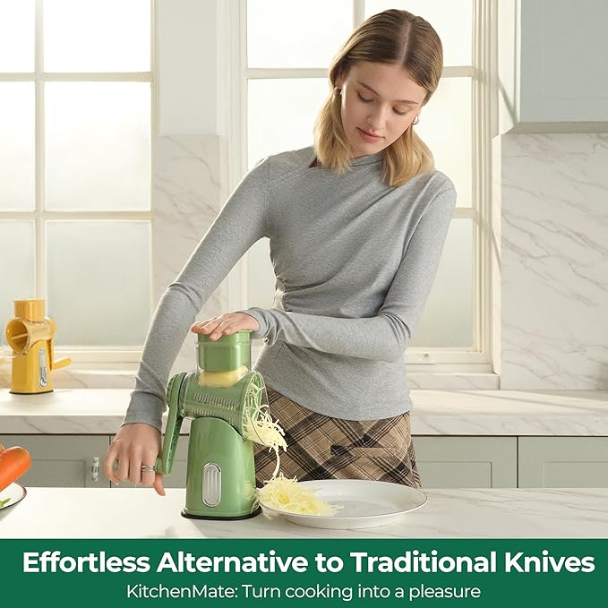 SUSTEAS Rotary Cheese Grater 5 Blades,Kitchen Mandoline Vegetable Slicer | Easy to Clean,Strong Suction Base,Blades Storage Box,Round Mandoline Slicer & Food Chopper for Cheese,Salad,Nut, Retro Green