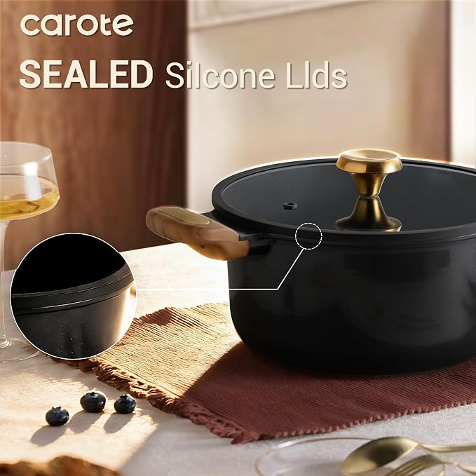 CAROTE Ceramic Cookware Sets, Pots and Pans Set, 16pcs | Non-Toxic Induction Cooking Set with Silicone Lids, Dishwasher Safe, Space Saving, Stay-Cool Handle, PFAS FREE
