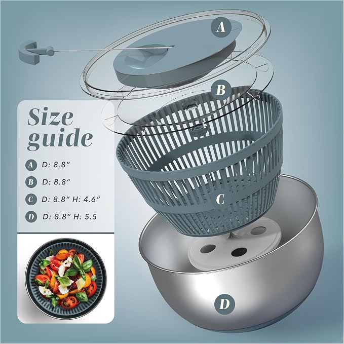 COOK WITH COLOR Stainless Steel Salad Spinner - 5 Qt. Lettuce Washer And Vegetable Spinner Dryer for Easy Salad Prep - Non Slip Base with Pull Handle - Auto Stop Brake System, Stain and Odor Resistant