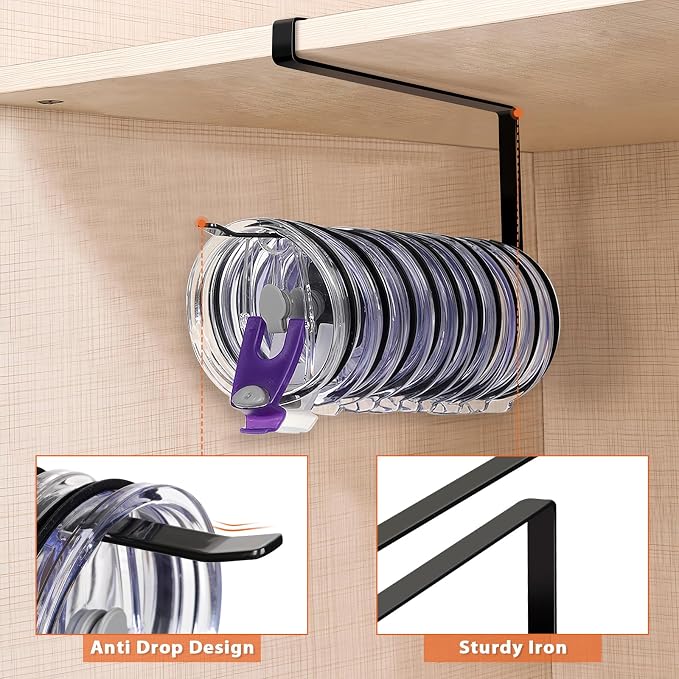 Tumbler Lid Organizer, Versatile Tumbler Lid Storage Holds 10 Lids, Black | Space Saving Cup Lid Organizers Inside Cabinet Tumbler Lid Hook for Kitchen Organizer and Storage, Paper Towel Rack Hanger