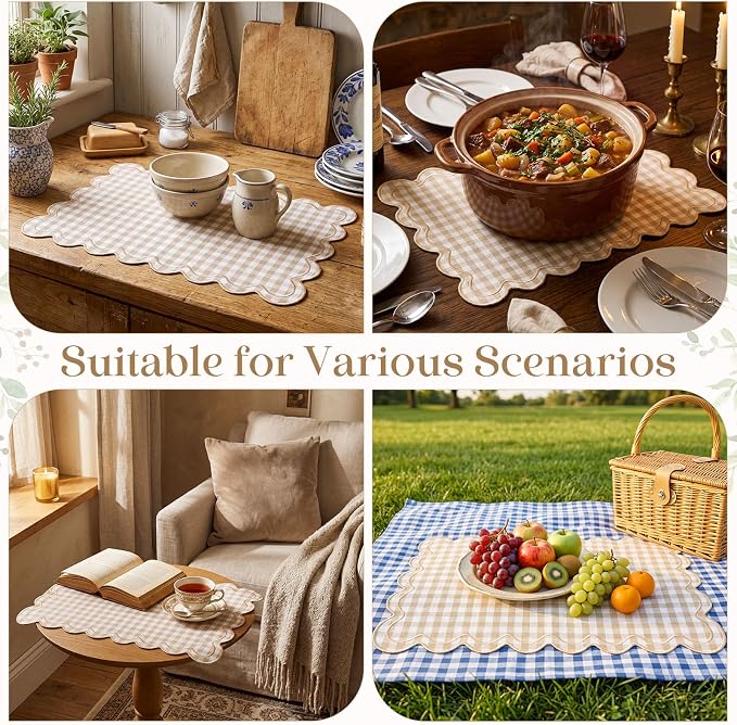 Linen Placemats Set of 12 Scalloped Placemat 13 X19 Wavy Embroidery Double Layered Washable Farmhouse Dinner Fabric Table Mat Napkin for Wedding Party Restaurant(Plaid,Khaki)