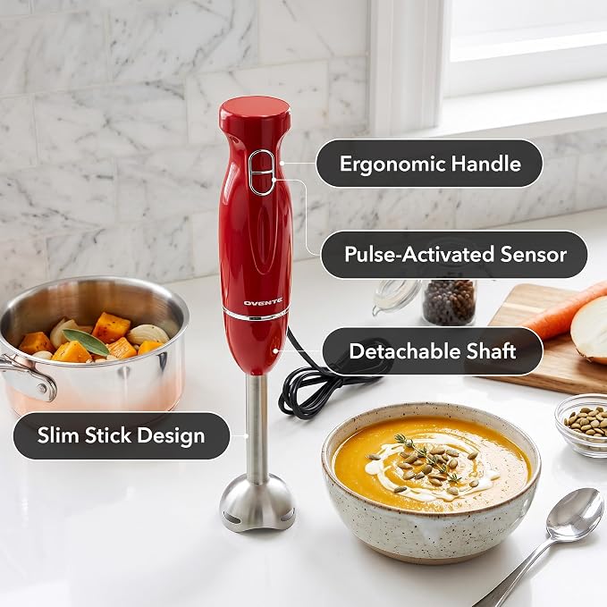 OVENTE Electric Corded Hand Blender, 300W with 2 Mixing Speeds Red HS560R | Handheld Immersion Stick Mixer with Stainless Steel Blades for Smoothies, Purees & Baby Food