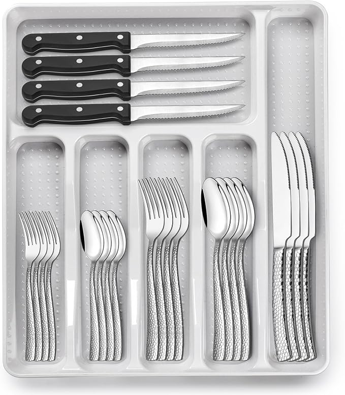 49-Piece Hammered Silverware Set with Organizer, Food-Grade Stainless Steel Flatware for 8, Cutlery Utensil Sets with Steak Knives, Rust-proof, Mirror Polished, Dishwasher Safe, Wave Hammered