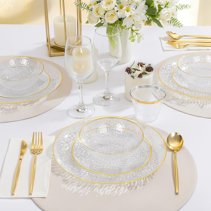 Rubtlamp 30 Pack Clear Disposable Bowls, Clear Plastic Bowls with Gold Rim, 12-16oz Premium Heavy Duty Plastic soup Bowls for Party, Wedding and Holiday